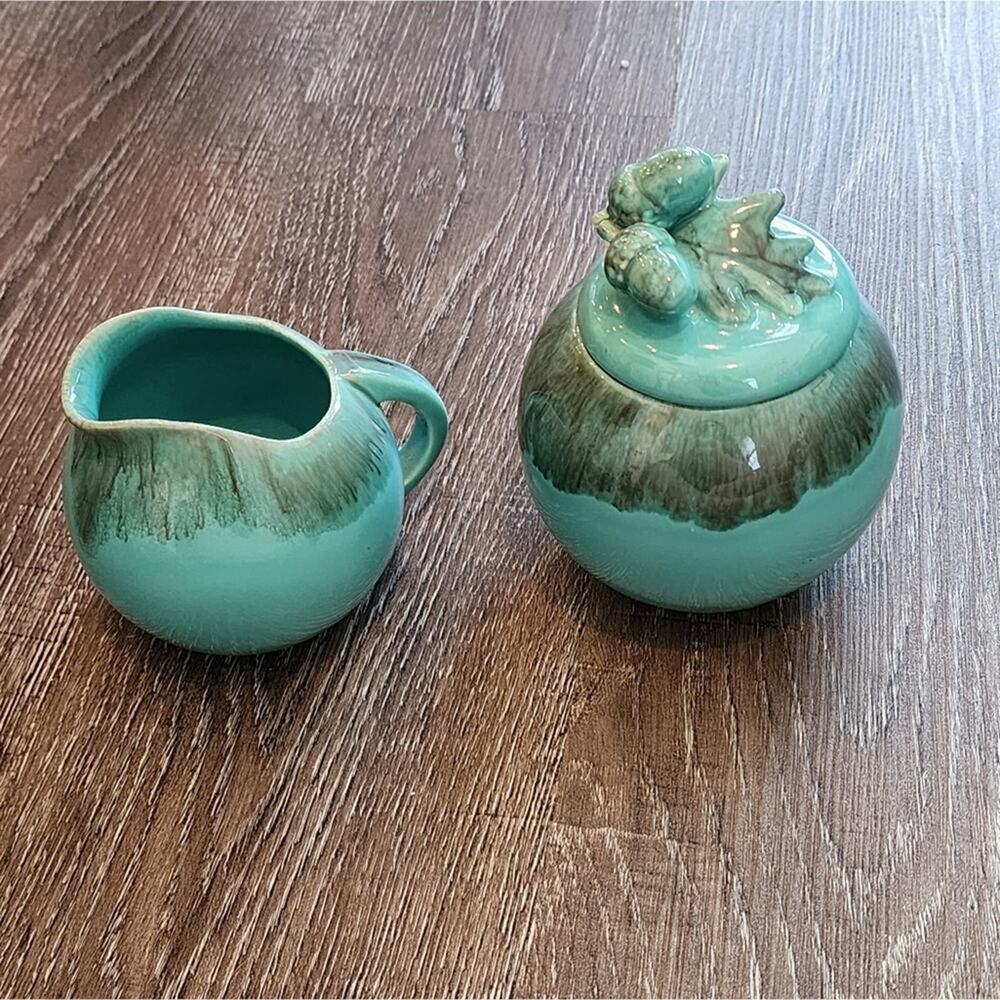 Jaska of California Cascade Ware Blue Brown Drip Vintage Cream and Sugar‎ acorns